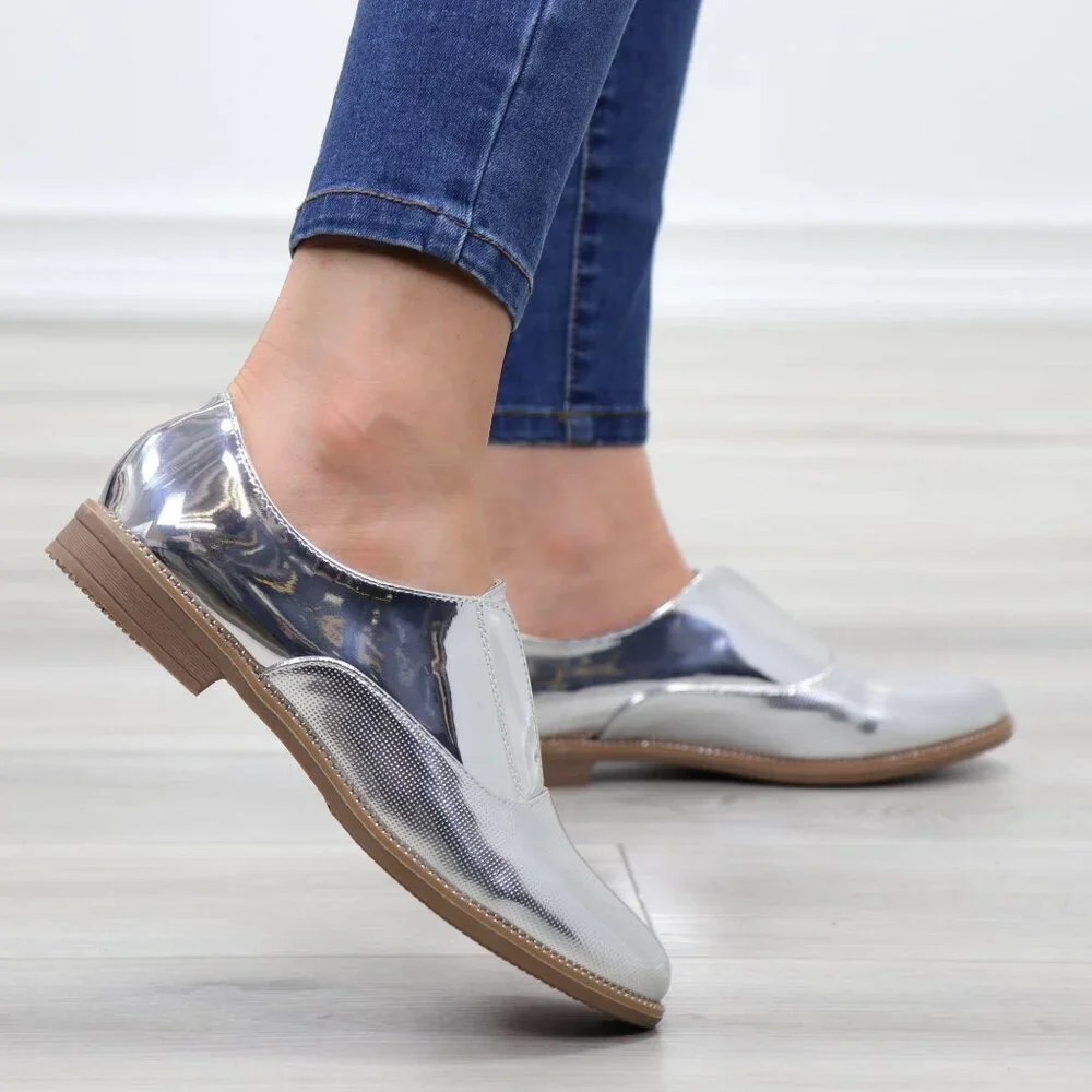 Silver Patent Flat Slip On Oxford Loafers - Picture 7 of 15